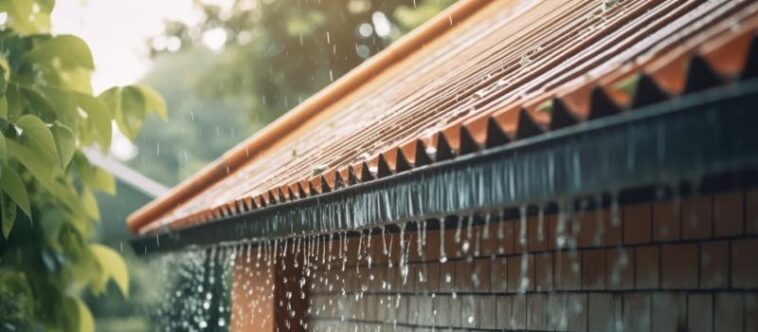 Regen prasselt auf ein Gartenhaus