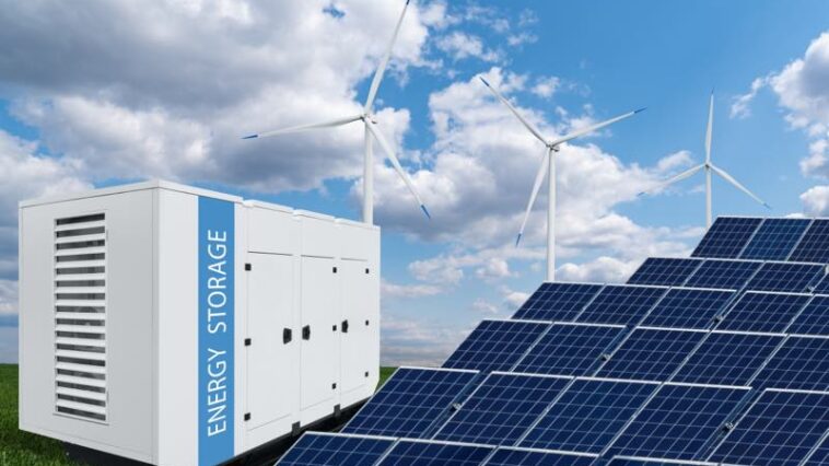Kollage erneuerbare Energien und Batteriespeicher