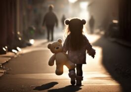 Mädchen mit einem Teddy allein in einer Stadt