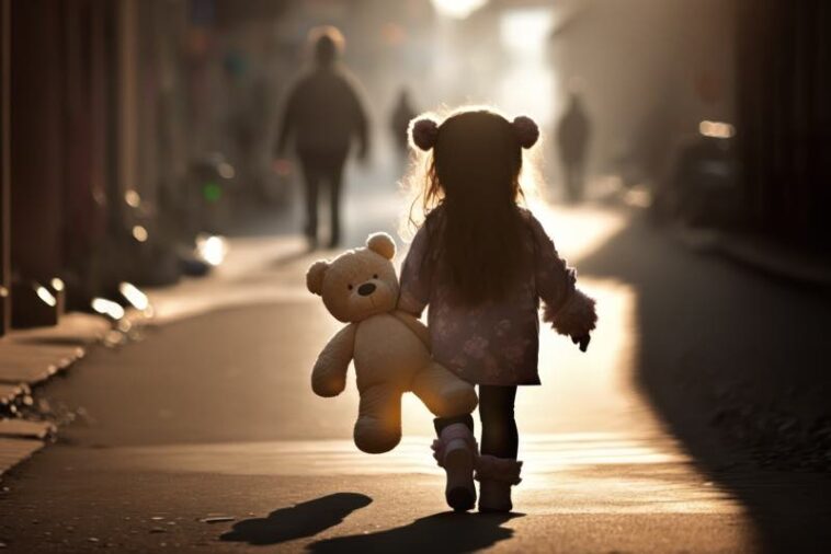 Mädchen mit einem Teddy allein in einer Stadt
