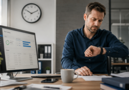 Mitarbeiter schaut auf die Uhr um schnell Feierabend zu machen